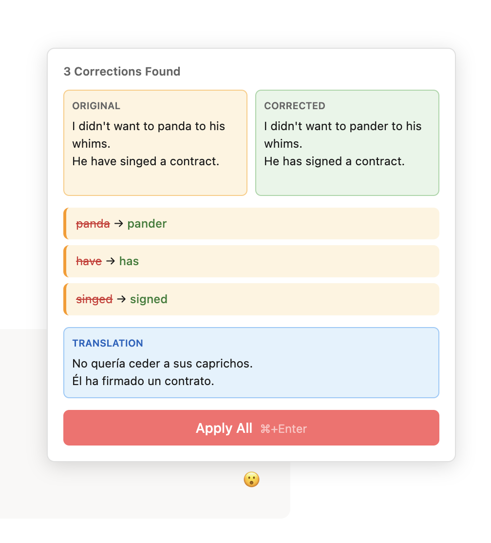Oops extension showing corrections and translation